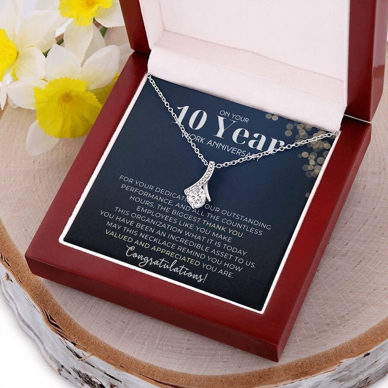 10 Year Work Anniversary Appreciation Alluring Beauty Necklace, Employee Years of Service Recognition Jewelry, Employee Congratulations Gift Ten Years