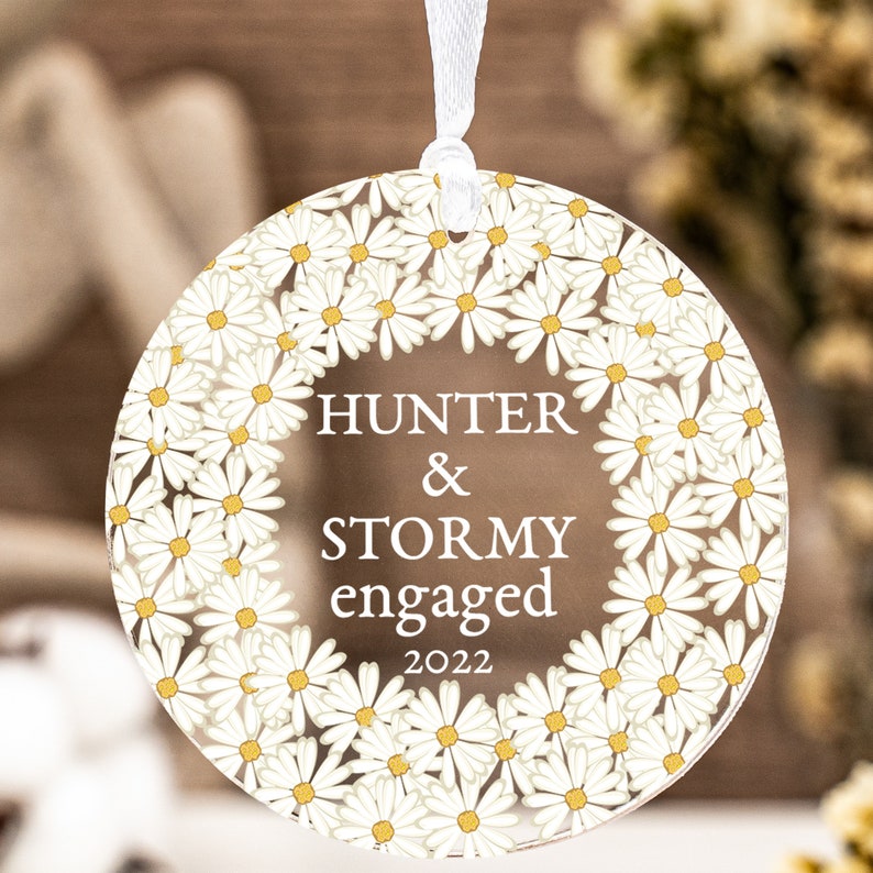Personalized Engaged Ornament, Our First Christmas Ornament Engagement Gift, Little Daisy Custom Acrylic Ornament For Couples