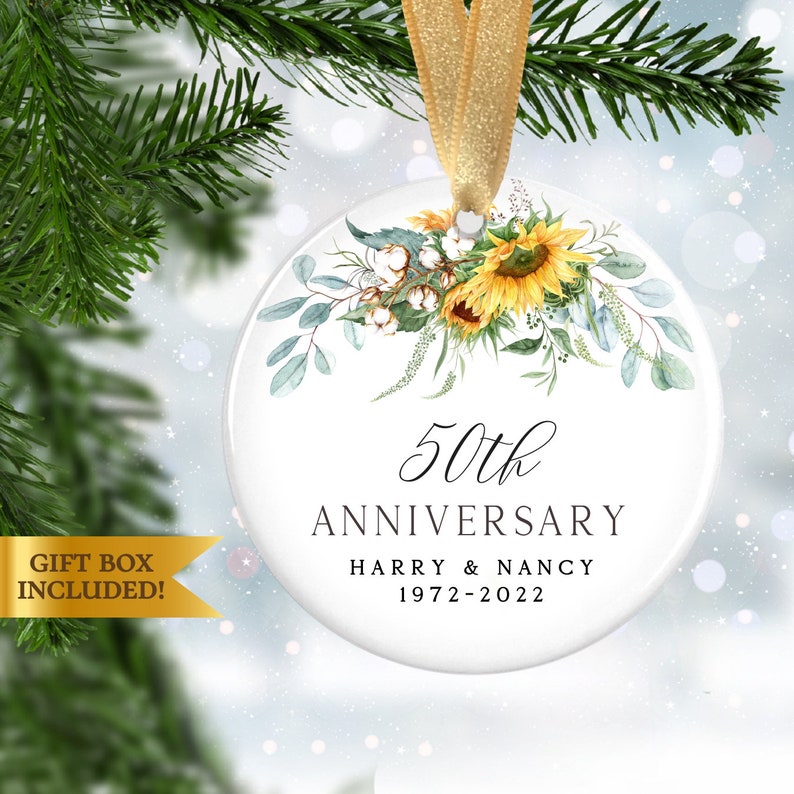 Personalized Anniversary Ornament, Sunflower Christmas Anniversary Wedding Ornament Gift For Couples, 50Th Anniversary Custom Ornament