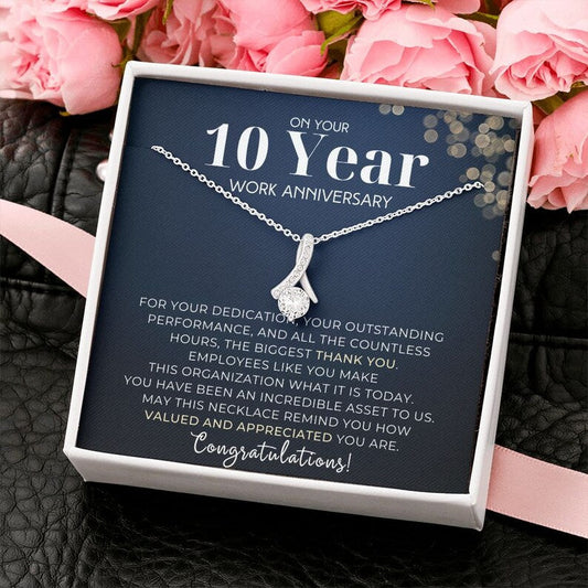10 Year Work Anniversary Appreciation Alluring Beauty Necklace, Employee Years of Service Recognition Jewelry, Employee Congratulations Gift Ten Years