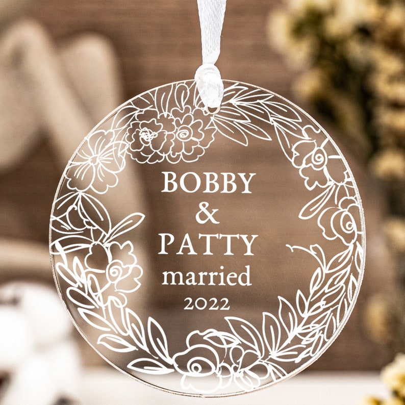 Personalised Anniversary Ornaments, Printed Floral Wedding Memorabilia, Customised Acrylic Ornaments, Gifts For Couples, Christmas Gifts