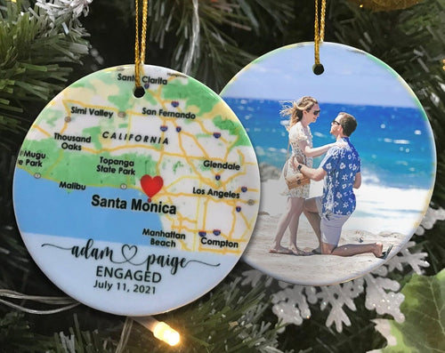 2 Sided Map Ornament,Engagement Ornament, Personalized Engagement Gifts For Couple, Valentine Gift Map Engagement Christmas Ceramic Ornament