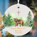 Personalized Ceramic Small Ornament, Bear And Cross Combo, Name + Date Customized Cute Ornament.