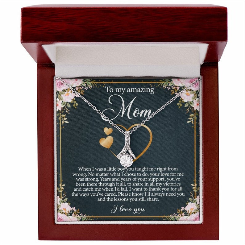 Jewelry, Necklace, Message Card, Pink Flower Frame, Golden heart Shape, Mother's Day Gift, Alluring Beauty Necklace Gift To Mom From Daughter Son