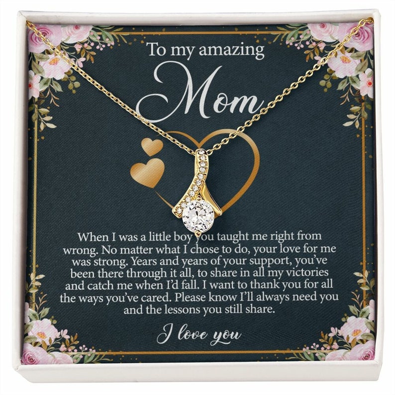 Jewelry, Necklace, Message Card, Pink Flower Frame, Golden heart Shape, Mother's Day Gift, Alluring Beauty Necklace Gift To Mom From Daughter Son