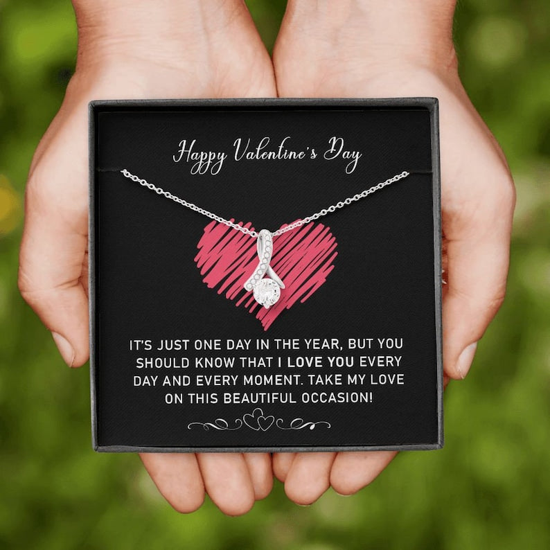 Valentine Jewelry for Wife, Valentine Gift Present Alluring Beauty Necklace, Ribbon Shaped Pendant, Valentine Message Card Jewelry