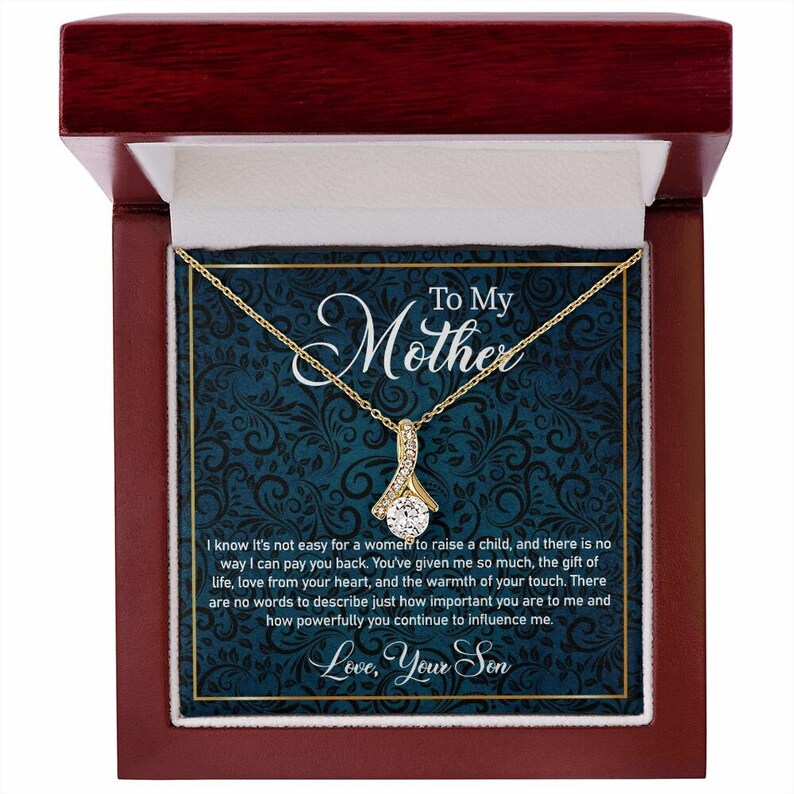 Alluring Beauty Necklace for Mother, Personalized Mess Card, Blue Flower Pattern, Mother's Day Gift, To My Mother From Daughter, Son