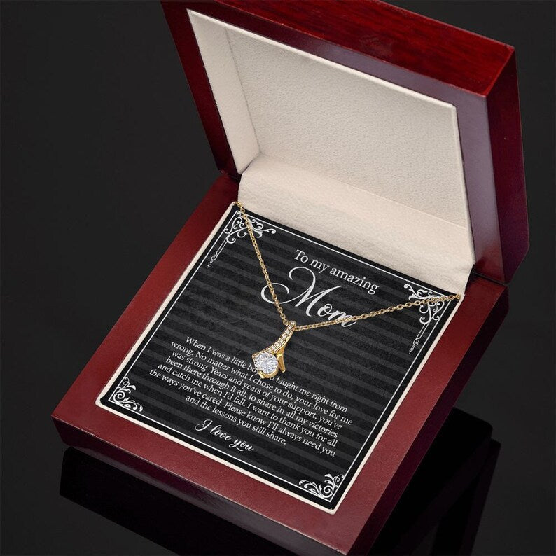 Alluring Beauty Necklace, Gift For Mom, With Message Card, Black Background, Flowers Pattern Corner, Mother's Day Gift, To My Mom  From Daughter Son
