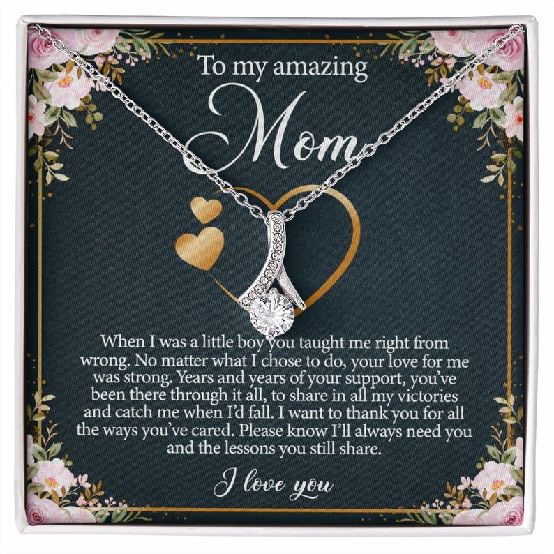 Jewelry, Necklace, Message Card, Pink Flower Frame, Golden heart Shape, Mother's Day Gift, Alluring Beauty Necklace Gift To Mom From Daughter Son