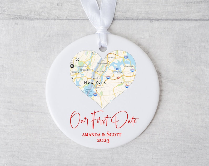 Custom Map Ornament, Custom First Date Ornament, Valentine'S Day Ornament, Anniversary Ornament, Wedding Anniversary Ornament