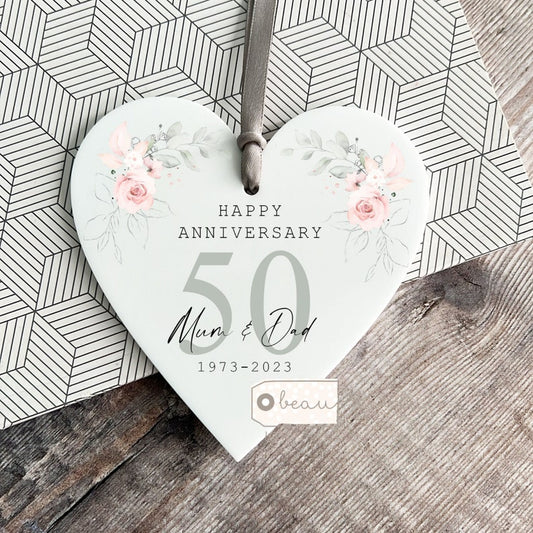 Personalised Wedding Anniversary Names Mr & Mrs 25Th 50Th 1St 40Th 35Th Pink Roses Greenery Acrylic Heart Decoration Ornament Keepsake