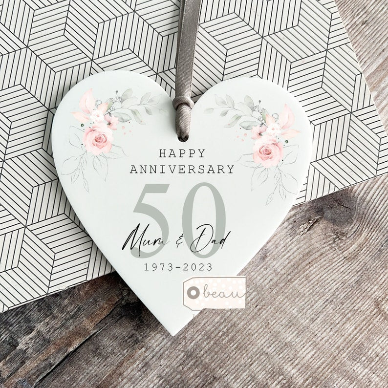 Personalised Wedding Anniversary Names Mr & Mrs 25Th 50Th 1St 40Th 35Th Pink Roses Greenery Acrylic Heart Decoration Ornament Keepsake