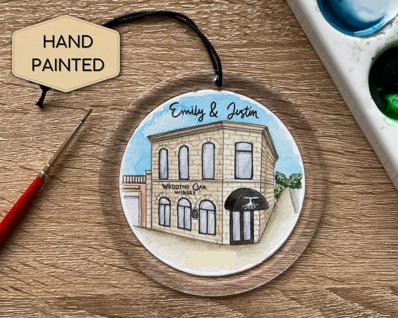 Custom Wedding Ornament, Wedding Venue Painting, Hand Painted Watercolor, Personalized Ornament, Anniversary Gift, Wedding Gift