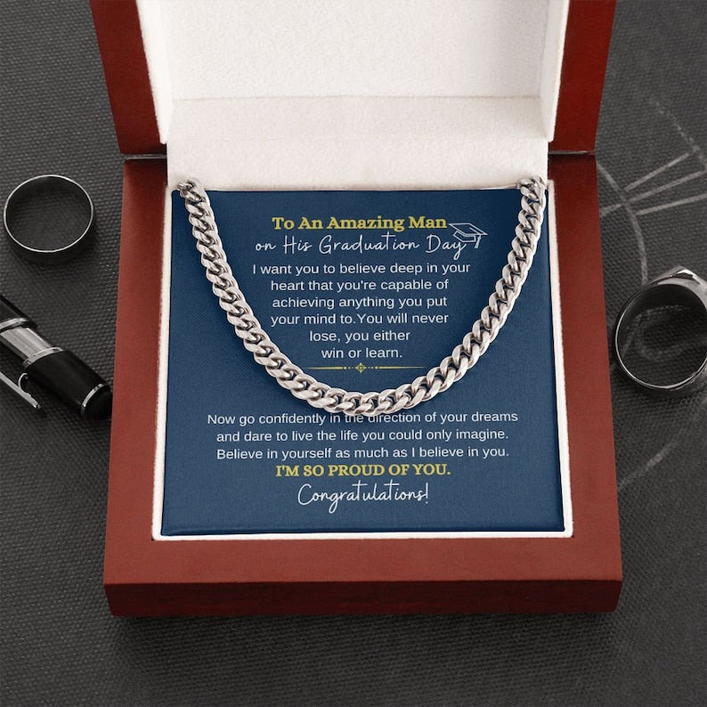 Graduation Gift for Him Cuban Link Chain Necklace, Personalized College, Masters Degree, Graduation Gifts for Son, Grandson, Nephew, Boyfriend