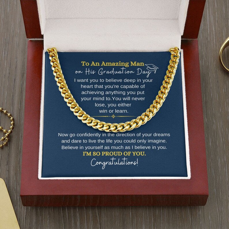 Graduation Gift for Him Cuban Link Chain Necklace, Personalized College, Masters Degree, Graduation Gifts for Son, Grandson, Nephew, Boyfriend