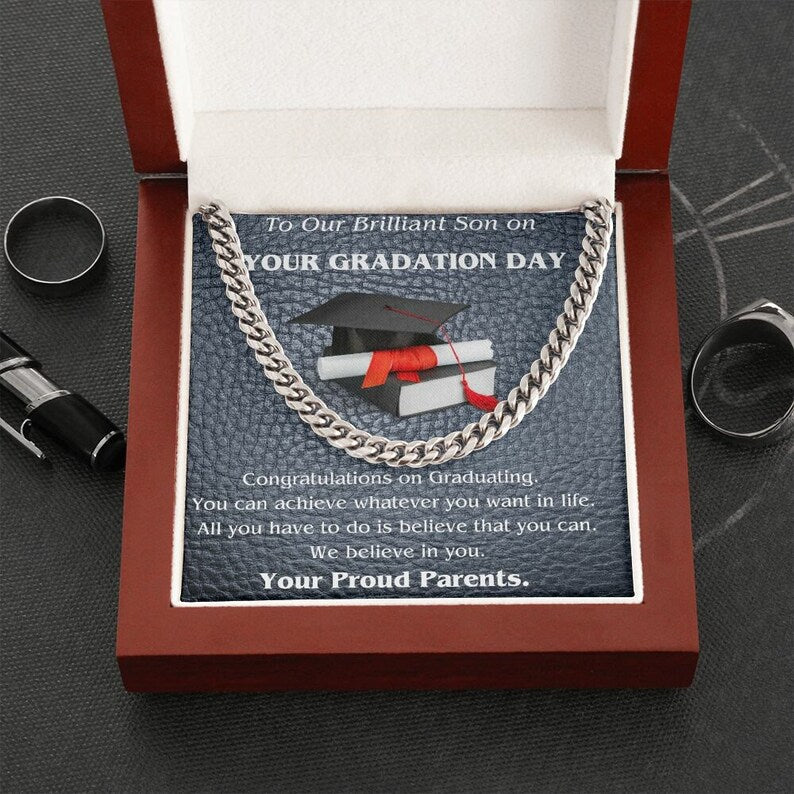 To Our Brilliant Son Cuban Link Chain - Graduation Gifts for Son from Parents, Graduation Gift Necklace, Son Graduation Gift