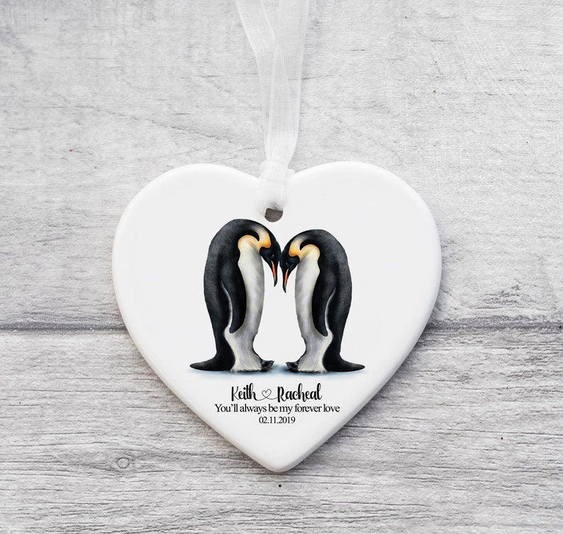Penguin Gifts, One Year Anniversary Gift, Engagement Gifts, Gifts For Boyfriend, Girlfriend, Husband Wife Couples Wedding Gift Ceramic Heart