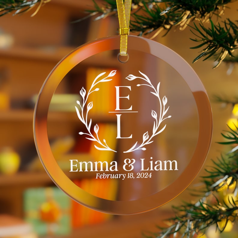Monogrammed Wedding Glass Ornament White Text / Personalised Wedding Hanging Ornament / Wedding Favours / Wedding Day Gift / Circle