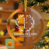 Monogrammed Wedding Glass Ornament White Text / Personalised Wedding Hanging Ornament / Wedding Favours / Wedding Day Gift / Circle