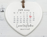 Married Ornament, Wedding Date Ornament, Wedding Gift, Newlywed Gift, Calendar, Anniversary Gift, Engagement Gift, Ceramic Heart, Keepsake