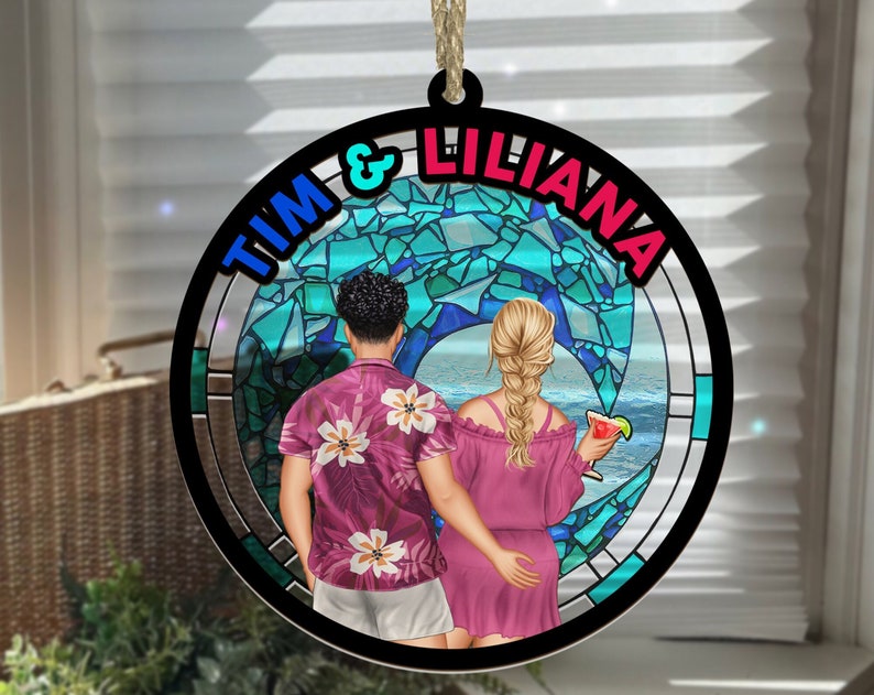 Custom Couple Beach Vacation Suncatcher Ornament, Personalized Couple Suncatcher Ornament, Beach Transparent Ornament, Mr & Mrs Gift