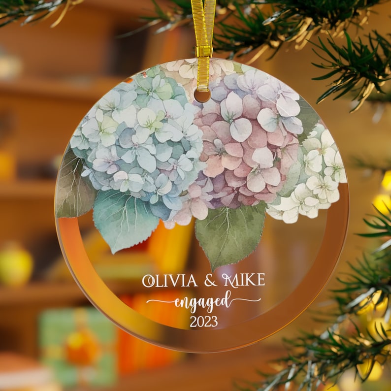 Hydrangea Engaged Glass Ornament Engagement Ornament Gift Engagement Party Gift Personalized Engagement Gift Custom Engagement Gift Couple