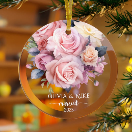 Pink Roses Married Ornament Gift Newlywed Gift Mr & Mrs Christmas Ornament Personalized Mr Mrs Wedding Ornament Wedding Gift Keepsake Couple