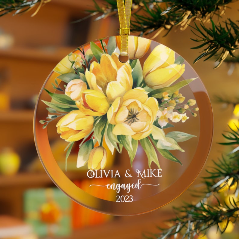 Yellow Tulip Engaged Ornament Engagement Ornament Gift Engagement Party Gift Personalized Engagement Gift Custom Engagement Gift Couple
