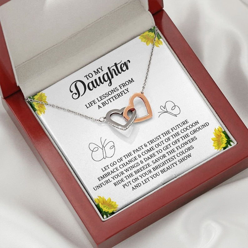 To My Daughter Jewelry Gift, Interlocking Hearts Necklace with Message Card