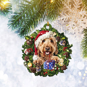 Goldendoodle Christmas Wreath Ornament Flat 2D, Dog Lover Gifts, Christmas Tree Ornament, Home Decor Plastic Ornament