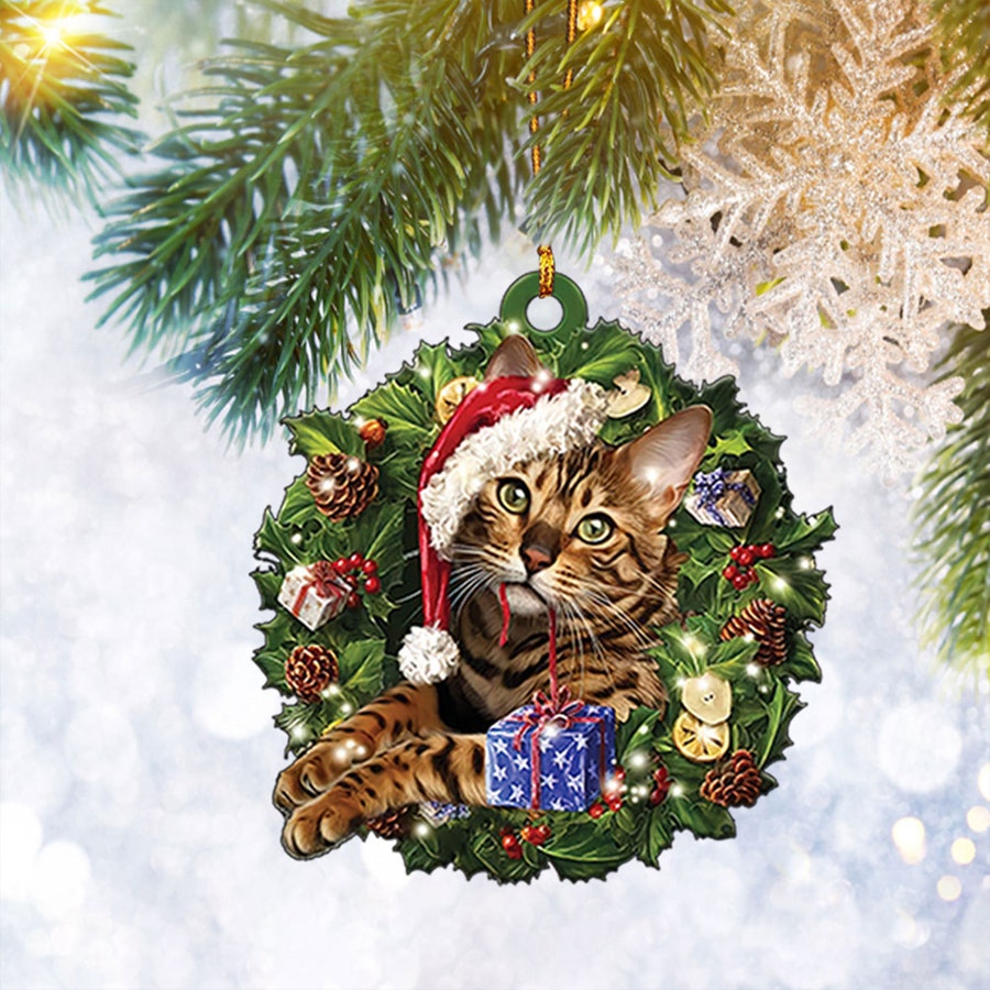 Bengal Cat Christmas Wreath Ornament Flat 2D, Pet Cat Lover Gifts, Christmas Tree Ornament, Home Decor Plastic Ornament