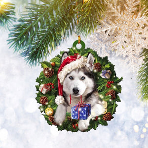 Husky Sr Christmas Wreath Ornament Flat 2D, Dog Lover Gifts, Christmas Tree Ornament, Home Decor Plastic Ornament