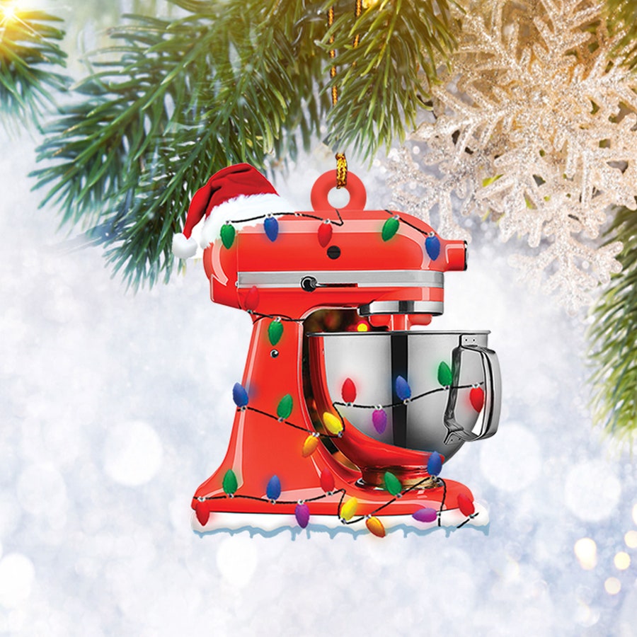 Red Stand Baking Mixer Lights Ornament Flat 2D, Baker Gifts, Christmas Tree Ornament, Home Decor Plastic Ornament