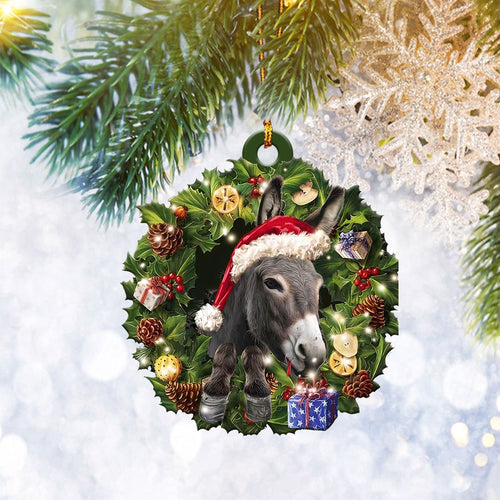 Donkey Christmas Wreath Ornament Flat 2D, Farm Animal Lover Gifts, Christmas Tree Ornament, Home Decor Plastic Ornament