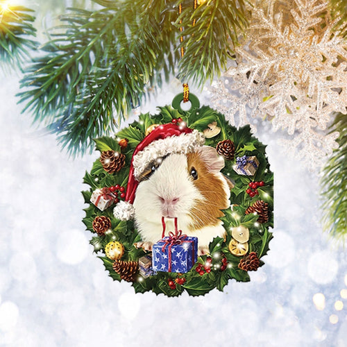 Guinea Pig Christmas Wreath Ornament Flat 2D, Animal Lover Gifts, Christmas Tree Ornament, Home Decor Plastic Ornament