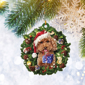 Poodle Christmas Wreath Flat 2D Ornament, Dog Pet Lover Gifts, Christmas Tree Ornament, Home Decor Plastic Ornament