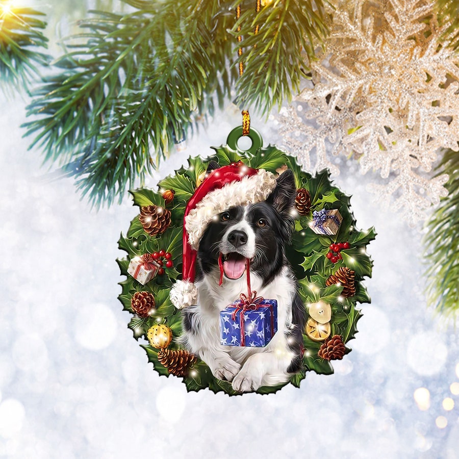 Border Collie Christmas Wreath Flat 2D Ornament, Dog Pet Lover Gift, Christmas Tree Ornament, Home Decor