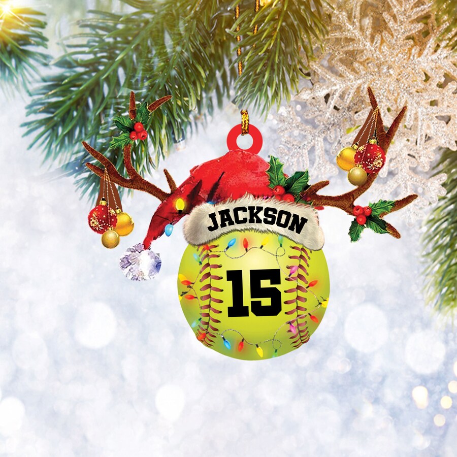 Custom Softball Ball Reindeer String Lights Flat 2D Ornament, Christmas Tree Ornament Gifts, Home Decor Plastic Ornament