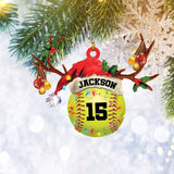 Custom Softball Ball Reindeer String Lights Flat 2D Ornament, Christmas Tree Ornament Gifts, Home Decor Plastic Ornament