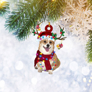 Corgi With Christmas Light Reindeer Ornament, Dog Pet Lover Gifts, Christmas Tree Ornament, Home Decor Plastic Ornament