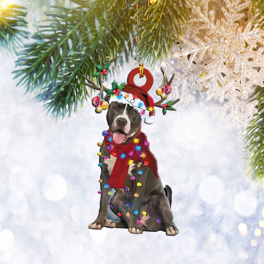 Pitbull With Christmas Light Reindeer Ornament, Dog Pet Lover Gifts, Christmas Tree Ornament, Home Decor