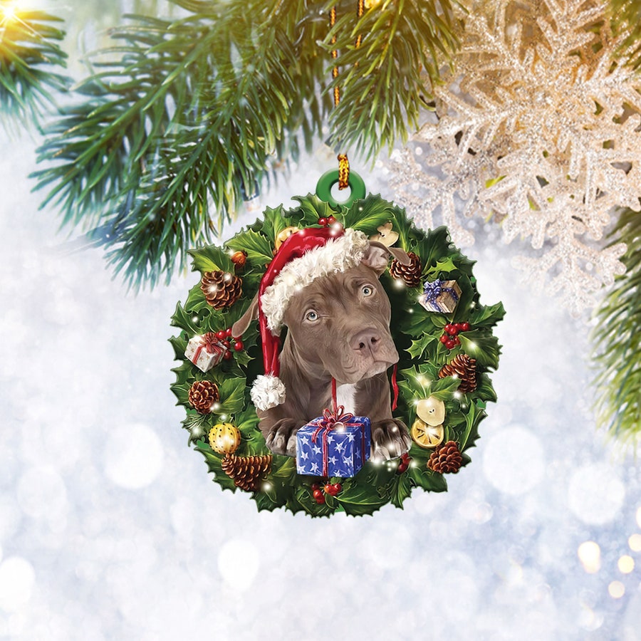 Pitbull Christmas Wreath Flat 2D Ornament, Dog Pet Lover Gifts, Christmas Tree Ornament, Home Decor Plastic Ornament