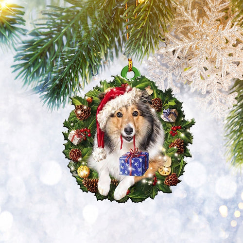 Sheltie Wearing Christmas Wreath Flat 2D Ornament, Dog Lover Gifts, Christmas Tree Ornament, Home Decor Plastic Ornament