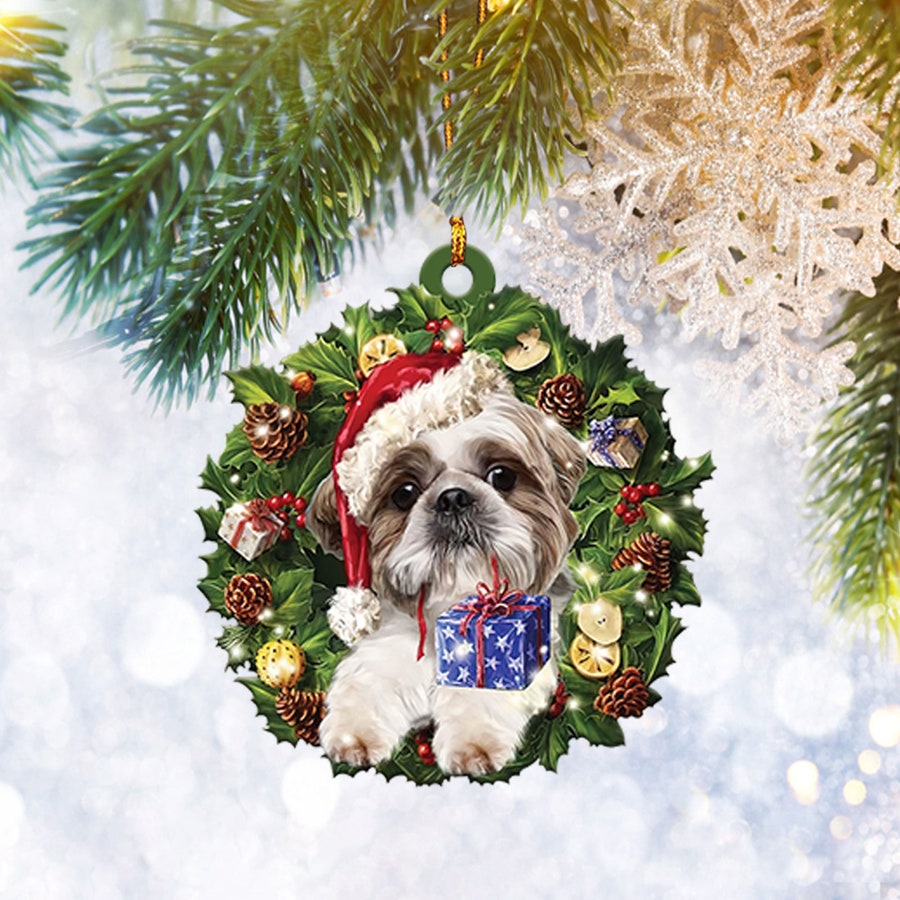 Shih Tzu Christmas Wreath Ornament Flat 2D, Pet Cat Lover Gifts, Christmas Tree Ornament, Home Decor Plastic Ornament