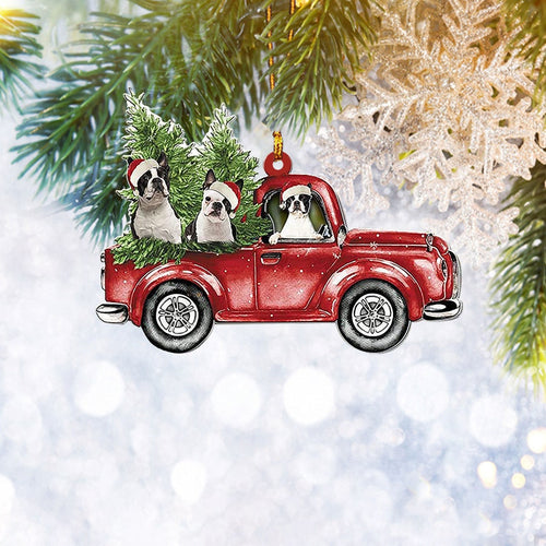 Boston Terrier Red Truck Flat 2D Ornament, Pet Dog Lover Gifts, Christmas Tree Ornament, Home Decor Plastic Ornament