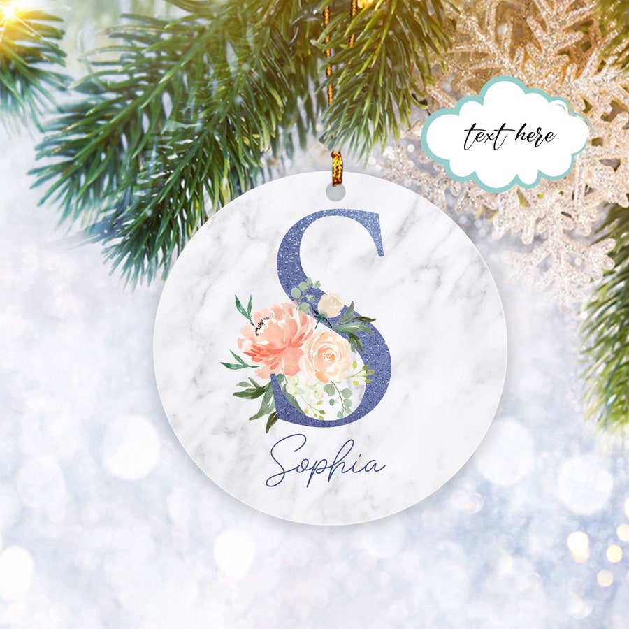Custom Flower Floral Monogram Personalized Name Christmas Ornament, Christmas Tree Ornament, Home Decor Plastic Ornament