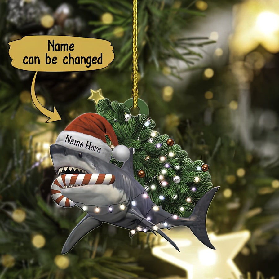 Personalized Funny Shark Christmas Ornament, Christmas Shark Lights Ornament, Shark Christmas Gift