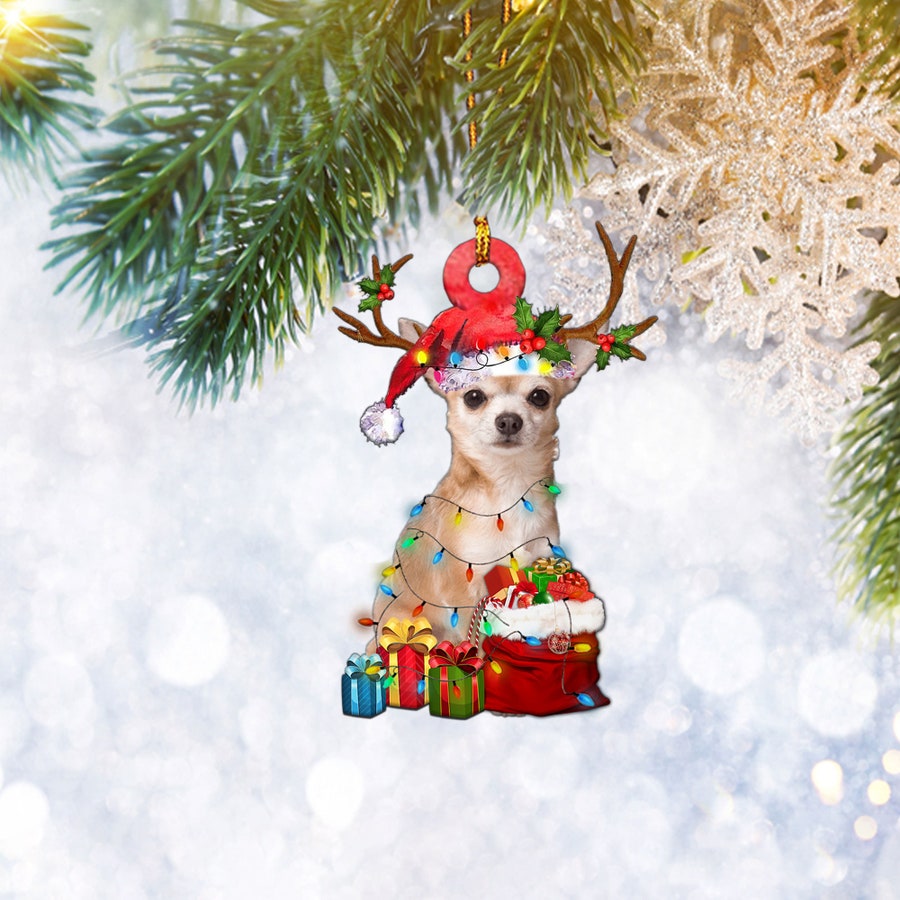 Chihuahua Christmas Light Reindeer Ornament, Dog Pet Lover Gifts, Christmas Tree Ornament, Home Decor Plastic Ornament