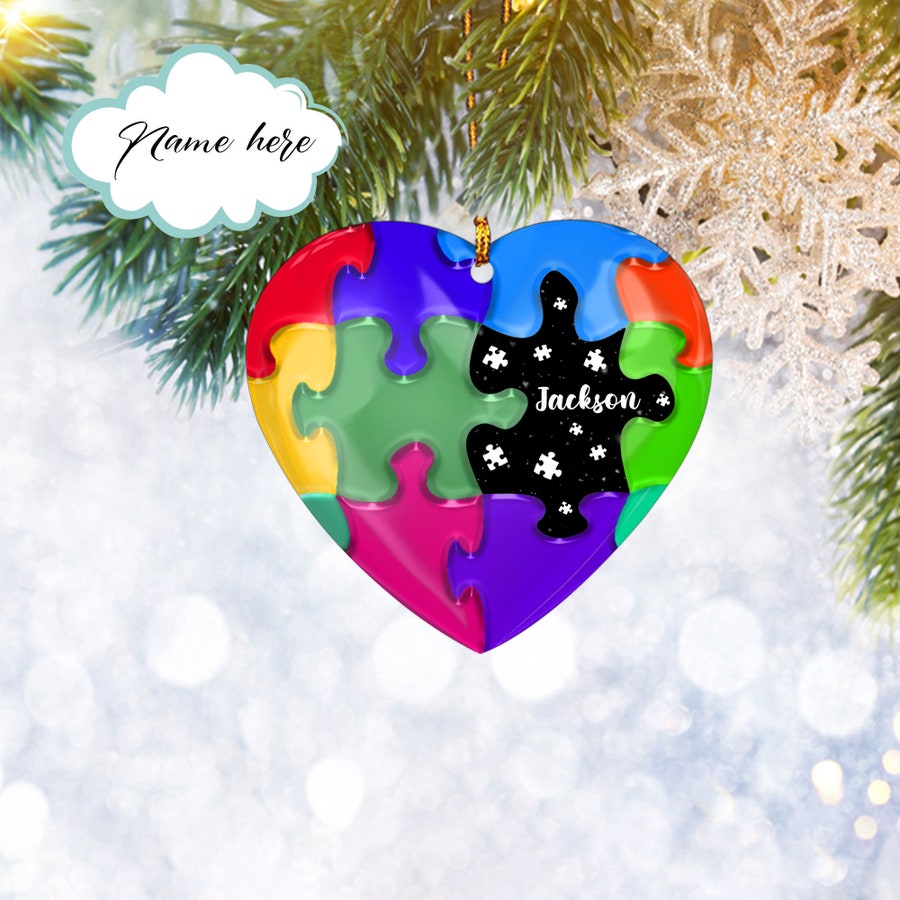 Custom Autism Heart Flat 2D Ornament, Personalized Support Gift, Christmas Tree Ornament, Home Decor Plastic Ornament