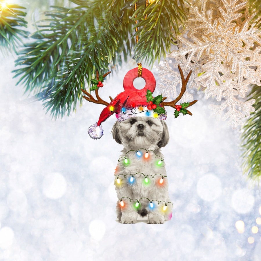 Shih Tzu Santa Christmas Light Reindeer Ornament, Dog Lover Gifts, Christmas Tree Ornament, Home Decor Plastic Ornament